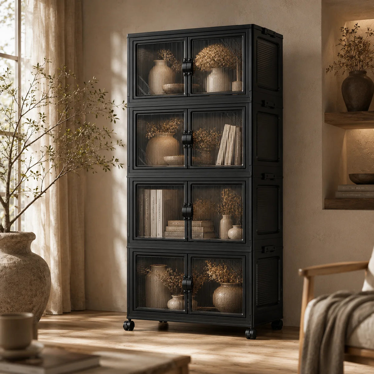 4 Tier Modular Foldable Stackable Storage Cabinet, No Assembly Collapsible Organizer with Smoky Fluted Glass Double Doors & Dual Secure Latches, Dustproof Rolling Storage Unit with Lockable Universal Casters for Living Room B