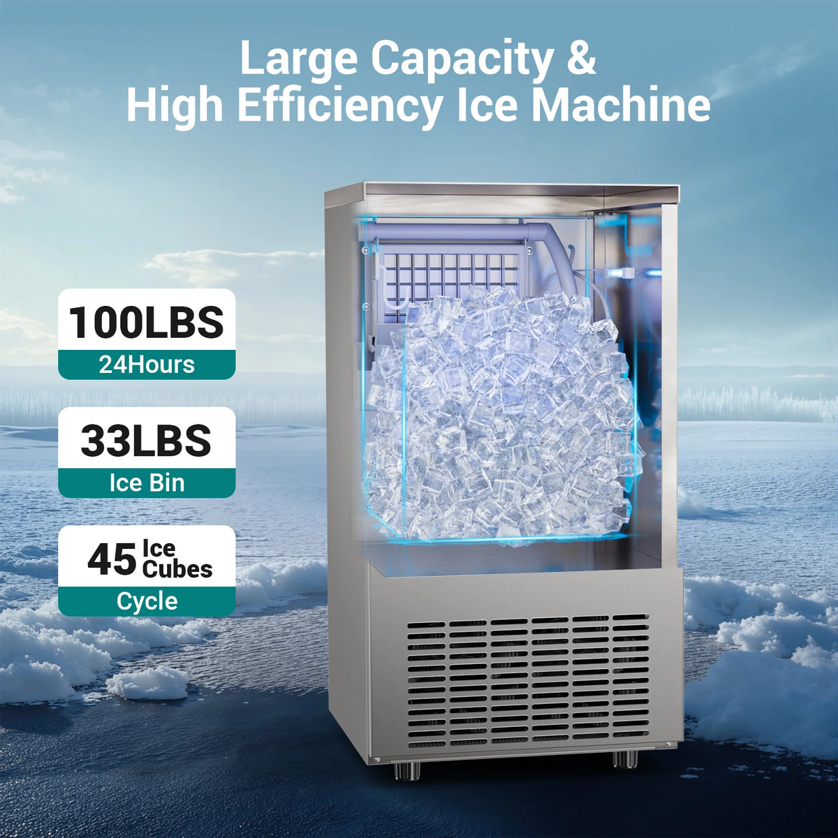 Commercial Ice Maker Machine, Under Counter Ice Maker, 22~33Lbs Stainless Steel Storage Capacity, 12 Adjustable Thickness Settings, Self-Cleaning, Ideal for Home, Cafe, Clinic
