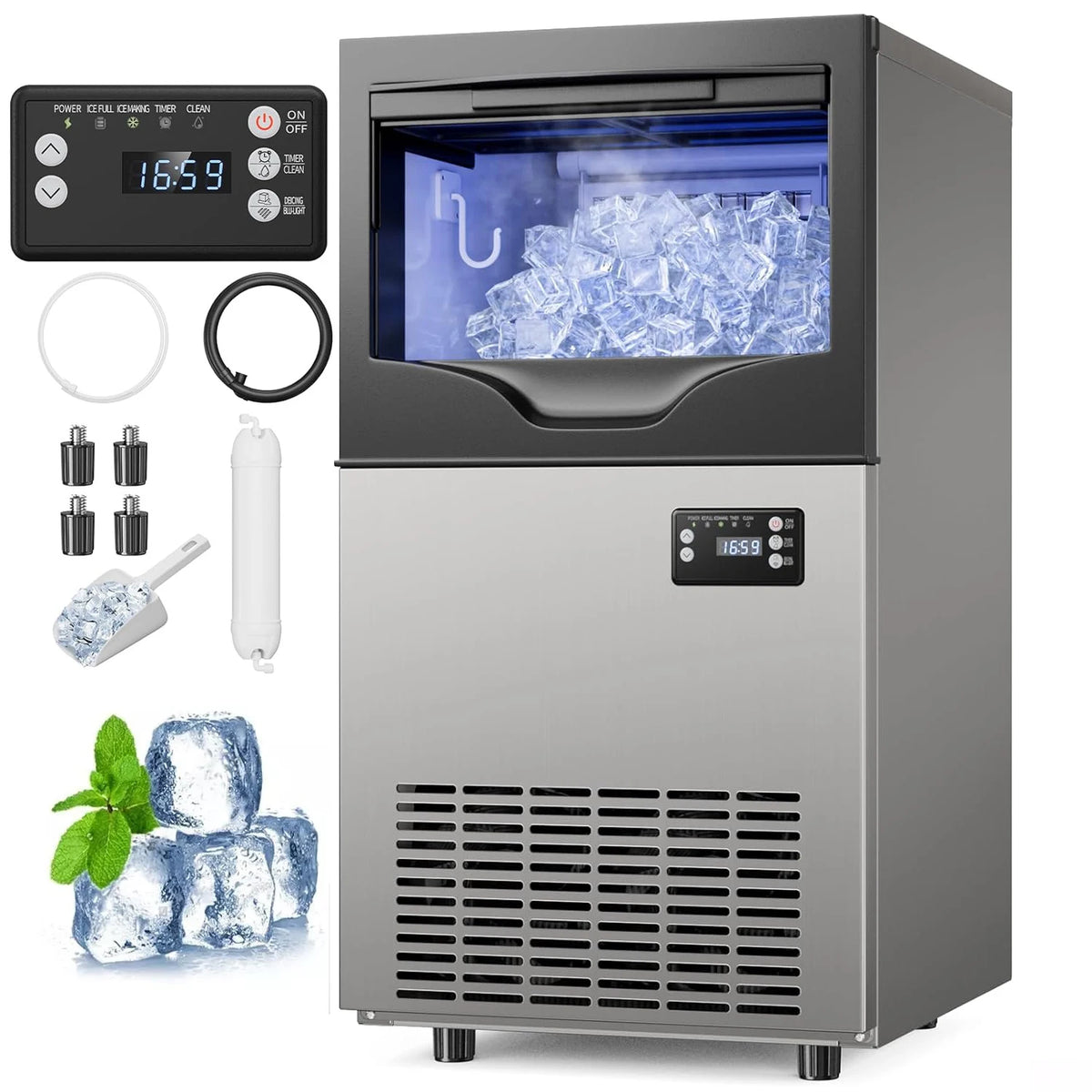 Commercial Ice Maker Machine, Under Counter Ice Maker, 22~33Lbs Stainless Steel Storage Capacity, 12 Adjustable Thickness Settings, Self-Cleaning, Ideal for Home, Cafe, Clinic