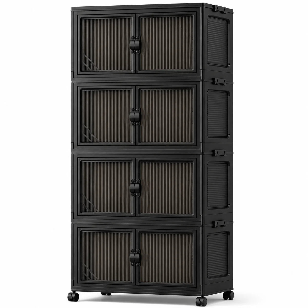 4 Tier Modular Foldable Stackable Storage Cabinet, No Assembly Collapsible Organizer with Smoky Fluted Glass Double Doors & Dual Secure Latches, Dustproof Rolling Storage Unit with Lockable Universal Casters for Living Room B