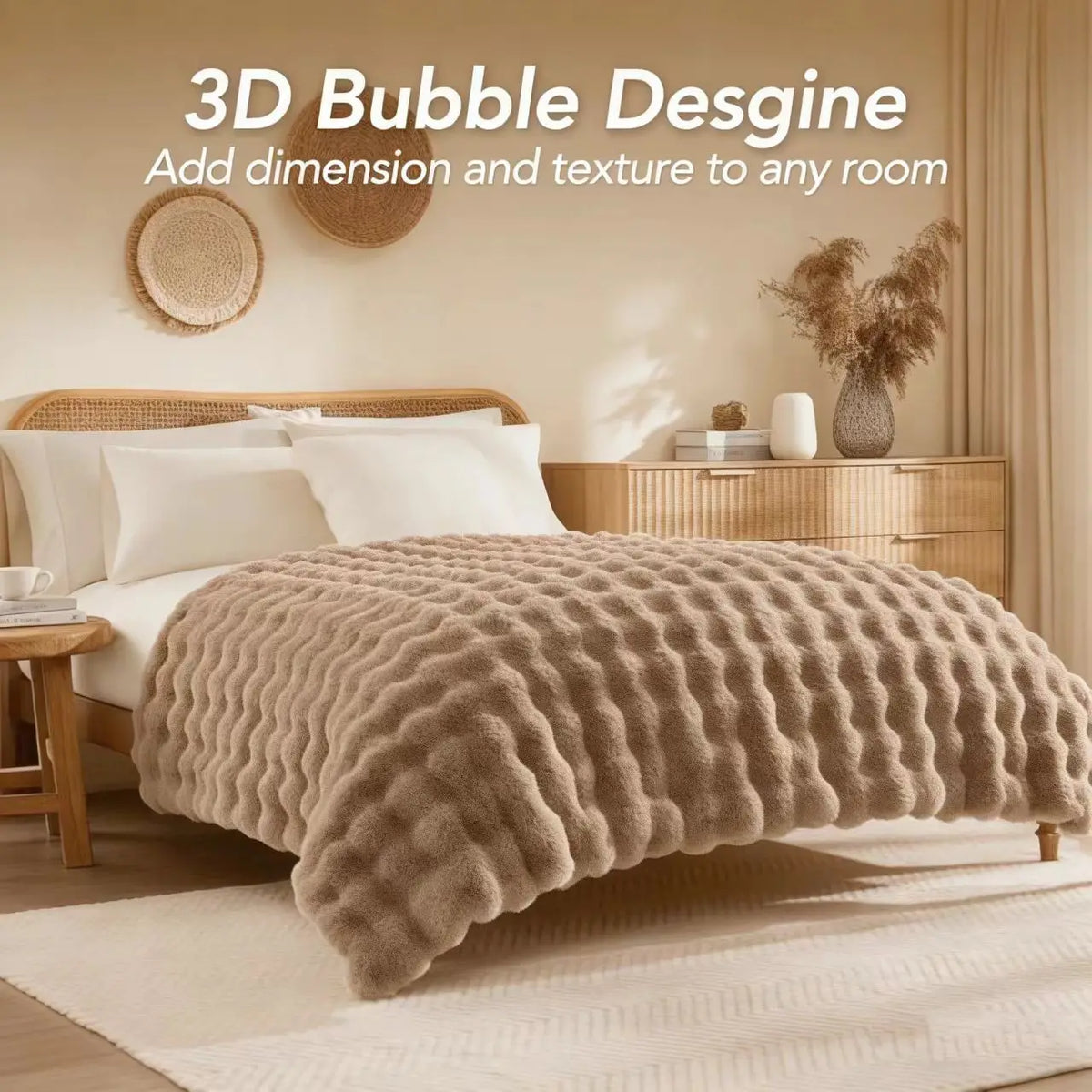ROSEKIND 1pc Soft Weighted Faux Fur Rabbit Bubble Blanket, 1000GSM, 90*108 Inch, Warm & Thick for Bed, Sofa, Office, Dorm, Camping, Multifunctional & Durable Blanket as Perfect Gift, Available in 10 Color as Stylish Home Deco