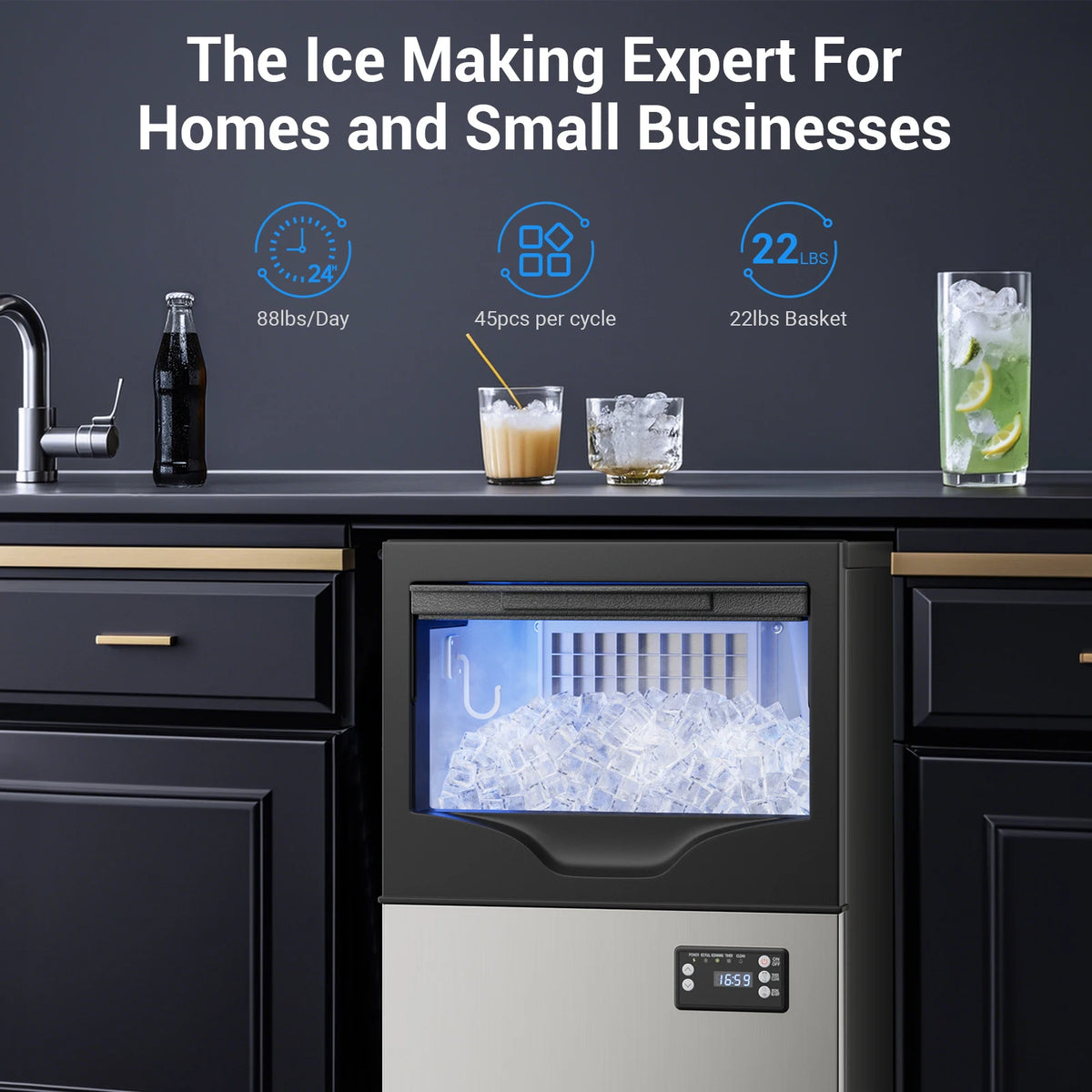 Commercial Ice Maker Machine, Under Counter Ice Maker, 22~33Lbs Stainless Steel Storage Capacity, 12 Adjustable Thickness Settings, Self-Cleaning, Ideal for Home, Cafe, Clinic