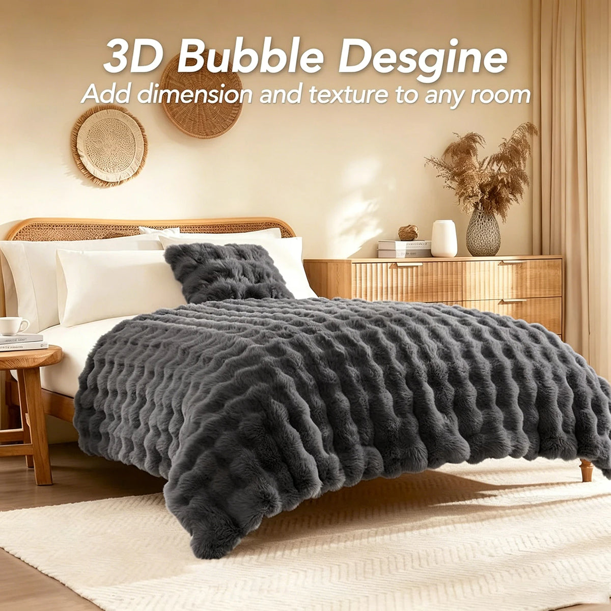 ROSEKIND 1pc Soft Weighted Faux Fur Rabbit Bubble Blanket, 1000GSM, 90*108 Inch, Warm & Thick for Bed, Sofa, Office, Dorm, Camping, Multifunctional & Durable Blanket as Perfect Gift, Available in 10 Color as Stylish Home Deco