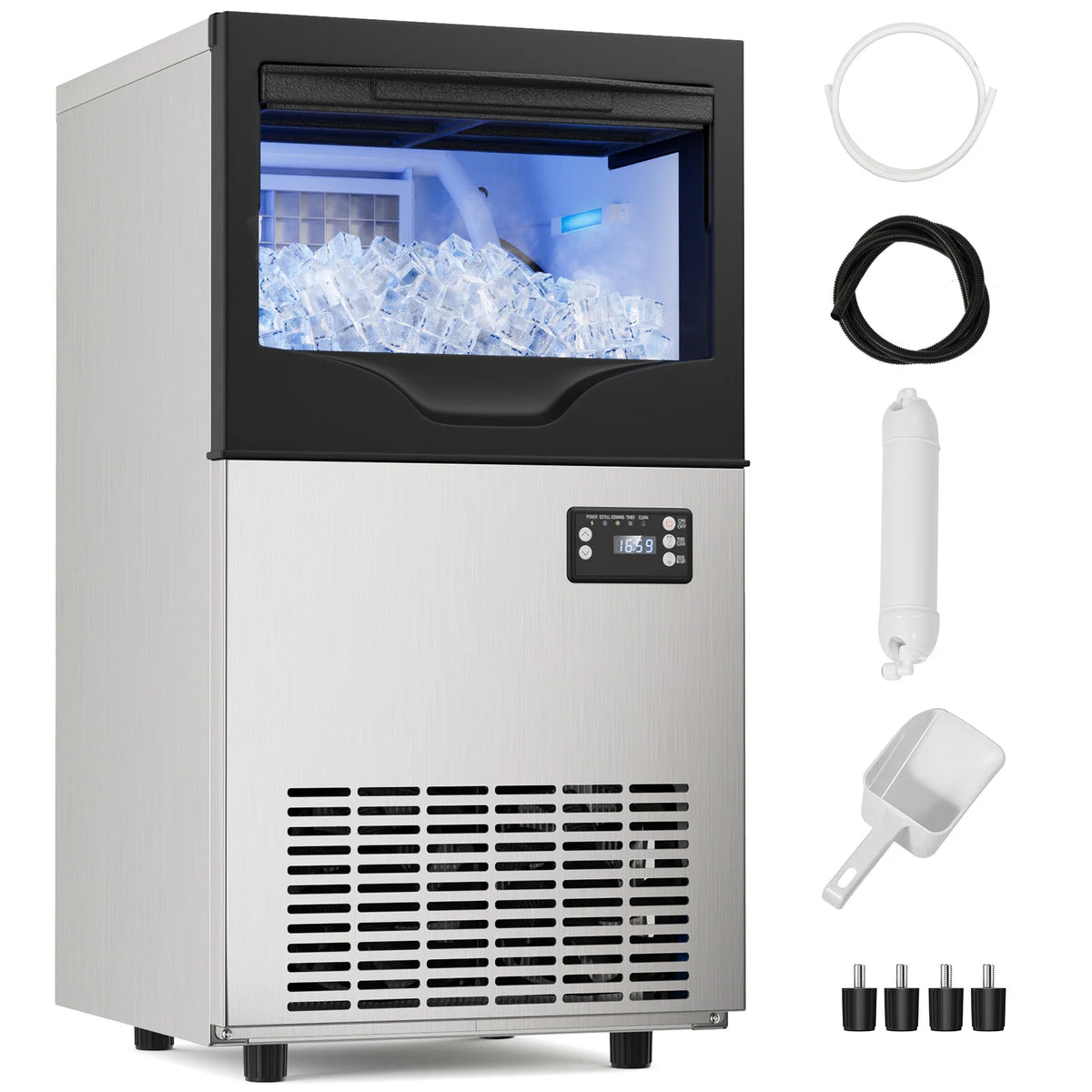 Commercial Ice Maker Machine, Under Counter Ice Maker, 22~33Lbs Stainless Steel Storage Capacity, 12 Adjustable Thickness Settings, Self-Cleaning, Ideal for Home, Cafe, Clinic