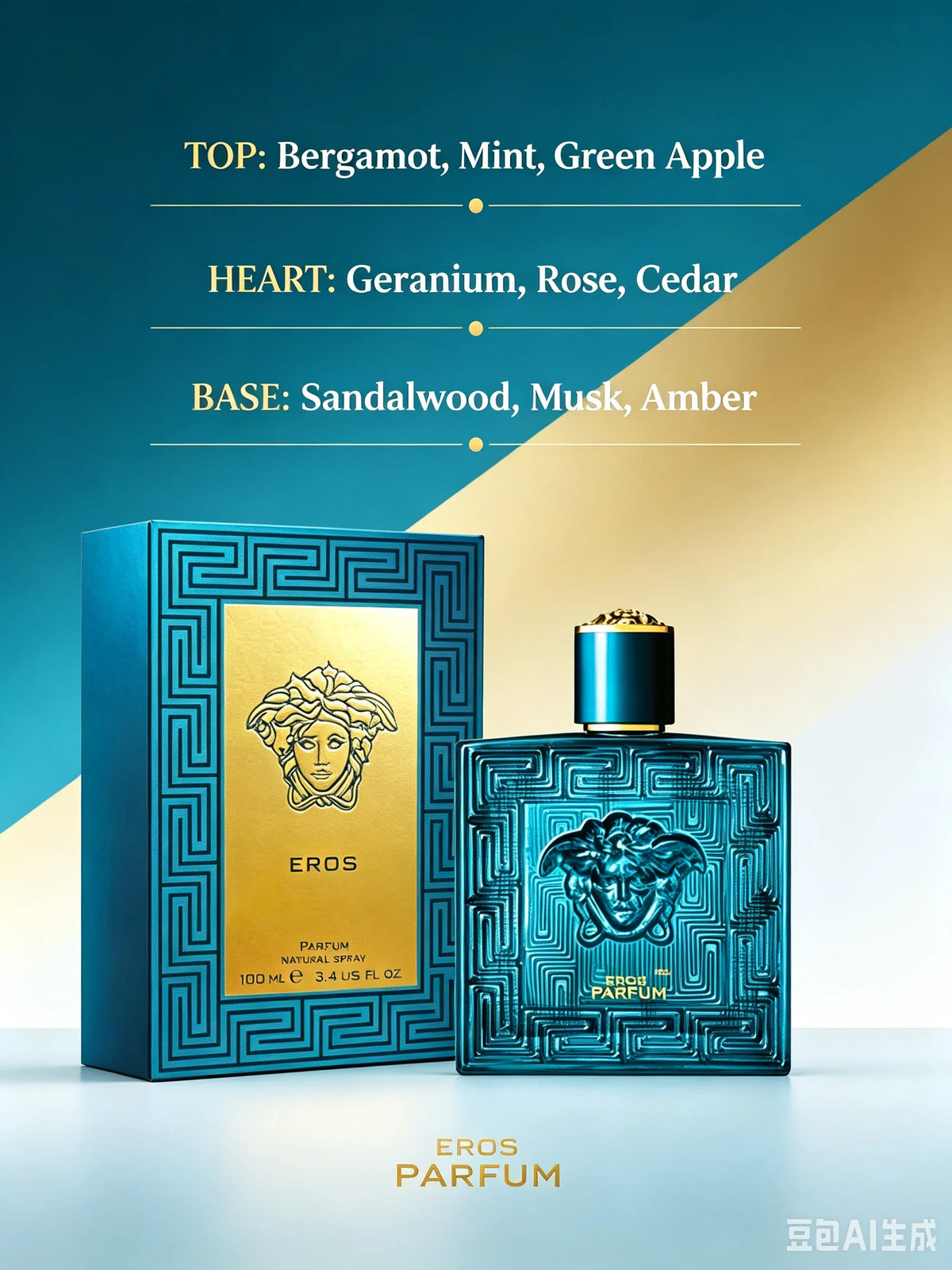Versace Pour Homme Eros 3.4 Fl Oz 100ml, Fresh Woody Aromatic Mint Vanilla Men's Cologne with Apple Cedarwood Amber Musk, Long Lasting Intense Scent for Office Date Night Casual All Seasons, Luxury Gift for Him Same Authenti