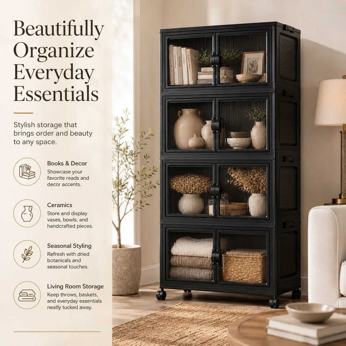 4 Tier Modular Foldable Stackable Storage Cabinet, No Assembly Collapsible Organizer with Smoky Fluted Glass Double Doors & Dual Secure Latches, Dustproof Rolling Storage Unit with Lockable Universal Casters for Living Room B