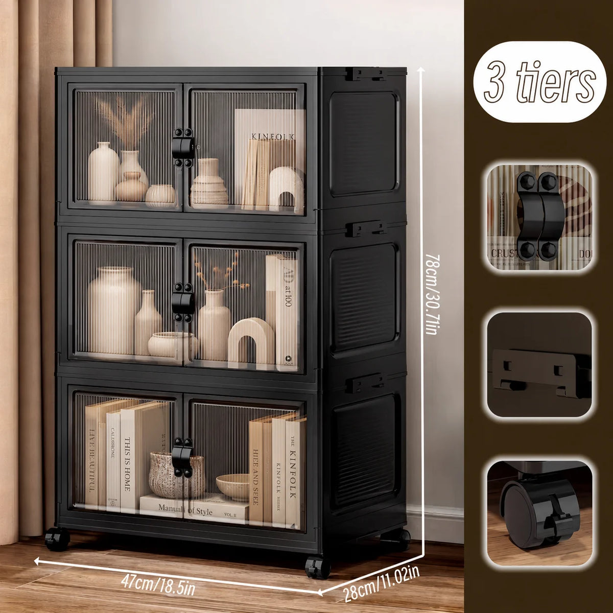 4 Tier Modular Foldable Stackable Storage Cabinet, No Assembly Collapsible Organizer with Smoky Fluted Glass Double Doors & Dual Secure Latches, Dustproof Rolling Storage Unit with Lockable Universal Casters for Living Room B