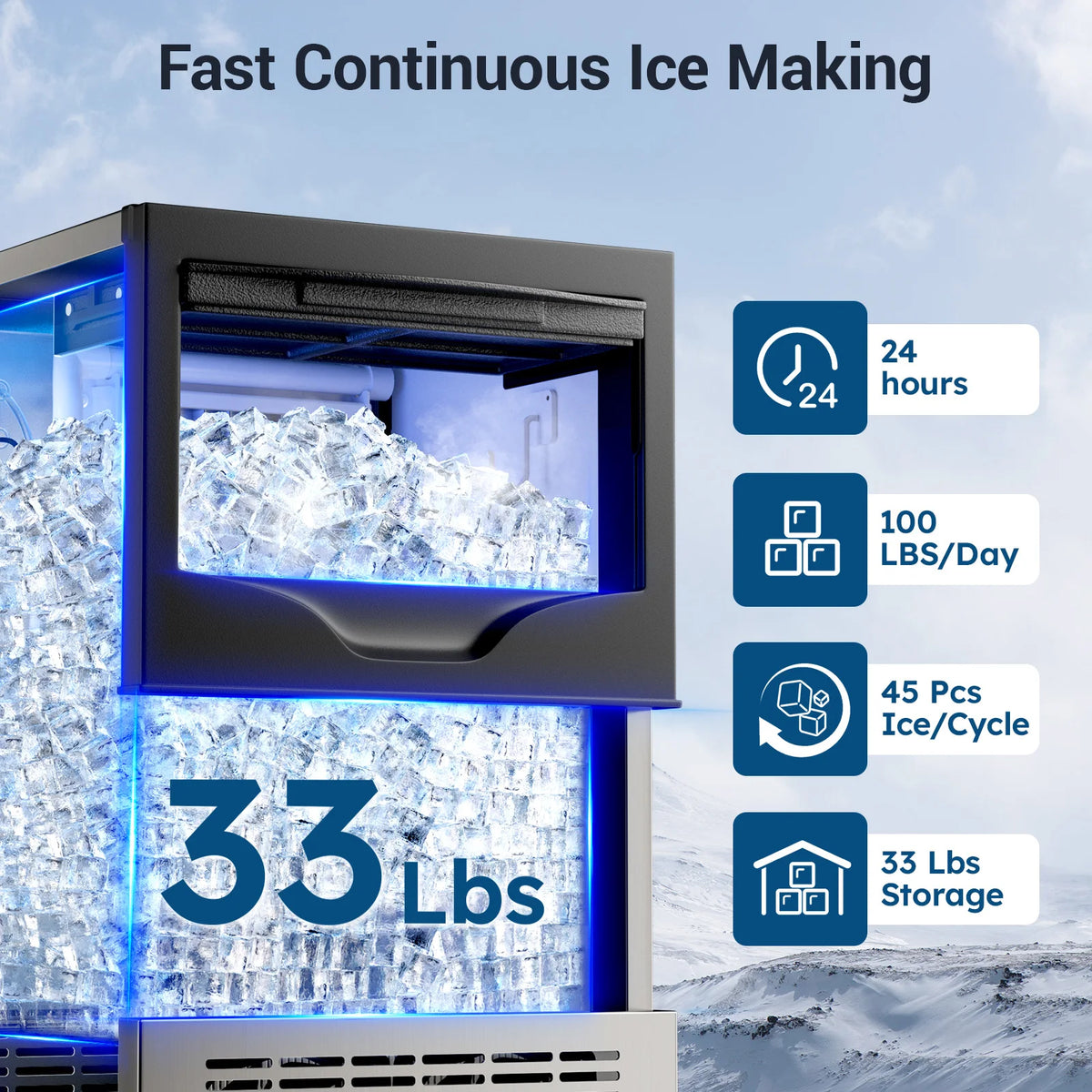 Commercial Ice Maker Machine, Under Counter Ice Maker, 22~33Lbs Stainless Steel Storage Capacity, 12 Adjustable Thickness Settings, Self-Cleaning, Ideal for Home, Cafe, Clinic