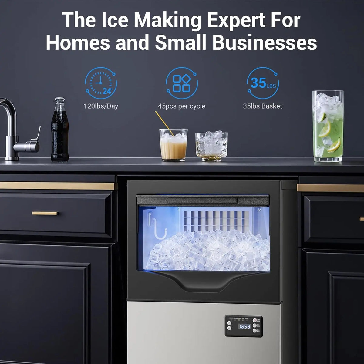 Commercial Ice Maker Machine, Under Counter Ice Maker, 22~33Lbs Stainless Steel Storage Capacity, 12 Adjustable Thickness Settings, Self-Cleaning, Ideal for Home, Cafe, Clinic