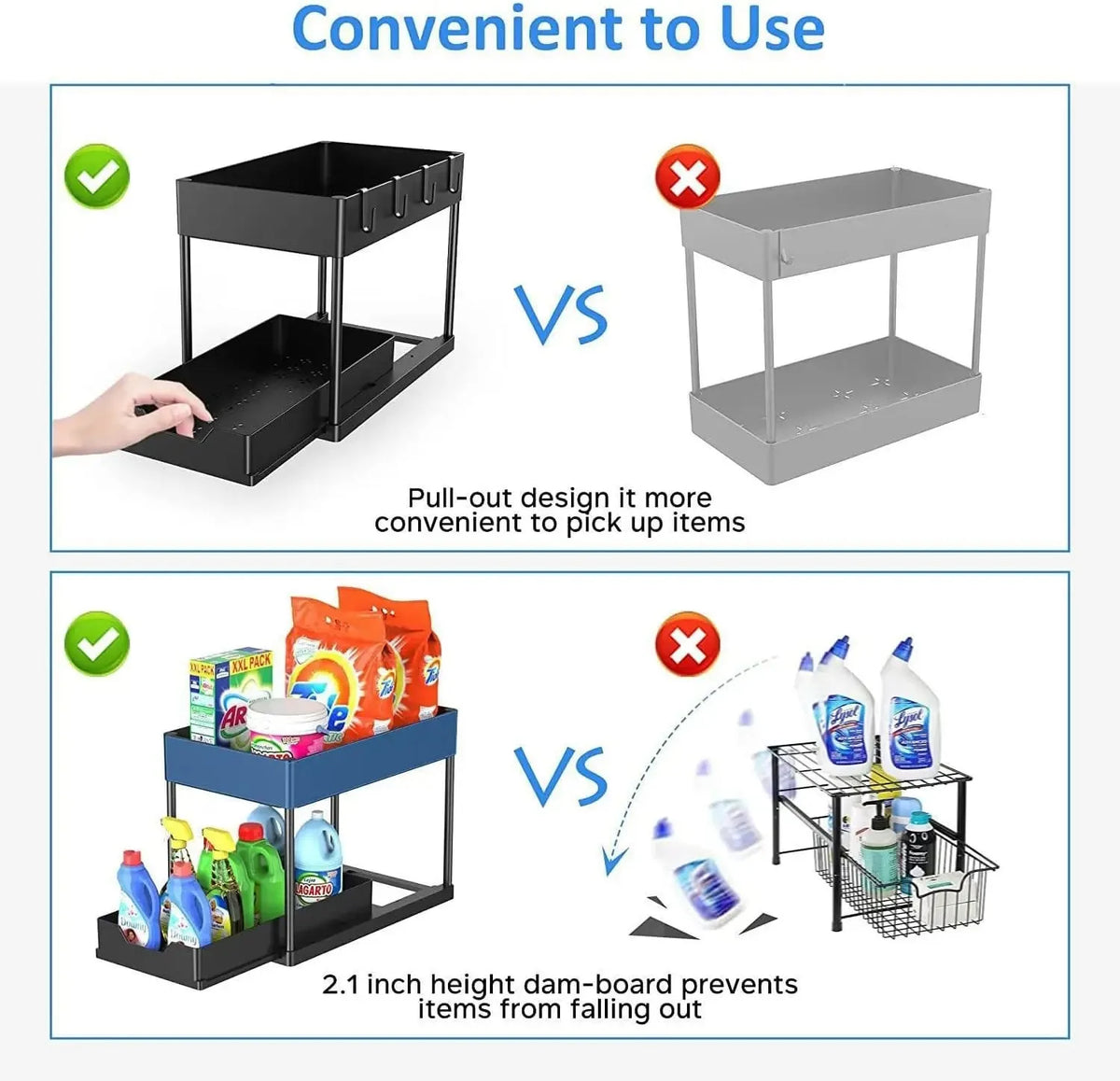 Under Sink Organizer 2 Pack/1 Pack, H-Shaped Pull Out Cabinet Storage, 2-Tier Slide Out Drawer Fits Around Pipes, Metal Rack for Kitchen Bathroom