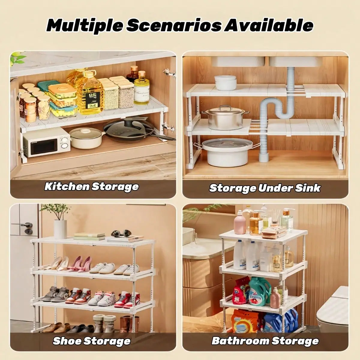 Expandable Closet Tension Shelf Modern White Metal Wardrobe Storage Rack Organizer Unit Height Adjustable DIY Cupboard Dividers Separators For Kitchen Bathroom Bedroom Cabinet Housewarming Gift