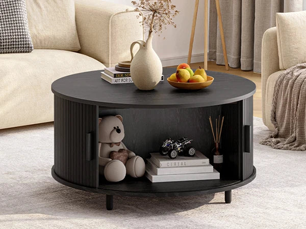 ONBRILL Modern Coffee Table With Storage And Curved Sliding Door