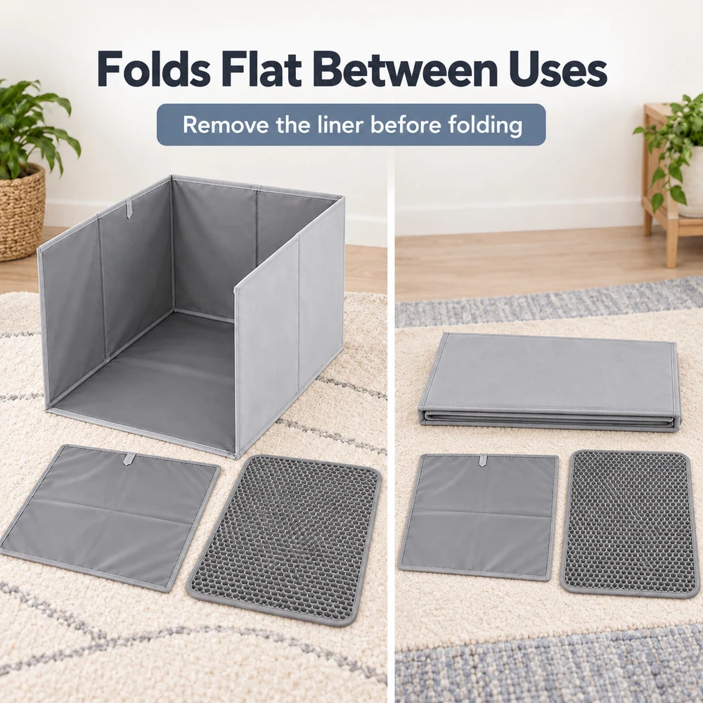 Cat Litter Box Splash Guard Foldable Open Top Enclosure With Floor Liner And Honeycomb Litter Mat For Indoor Cats Easy Clean Litter Area