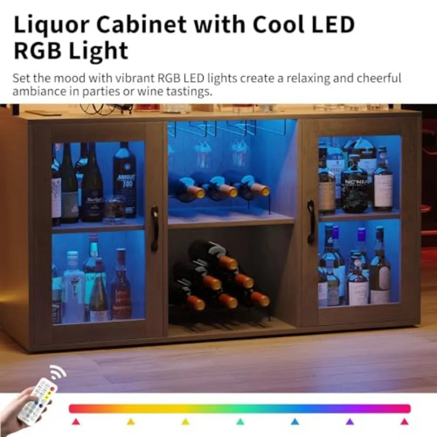 47" Wine Cabinet with LED Light, Home Coffee Cabinet with Wine Rack and Glass Holder, Coffee Bar Buffet Sideboard Storage with