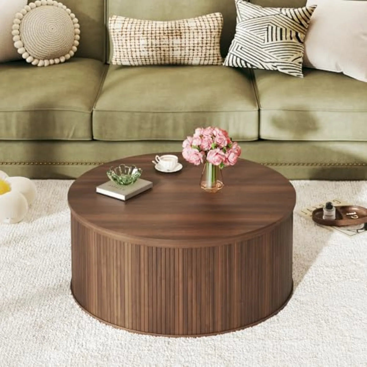 Coffee Table with Storage, 37.4" Lift Top Table for Living Room, Mid Century Modern Coffee Table with Sliding Fluted Doors