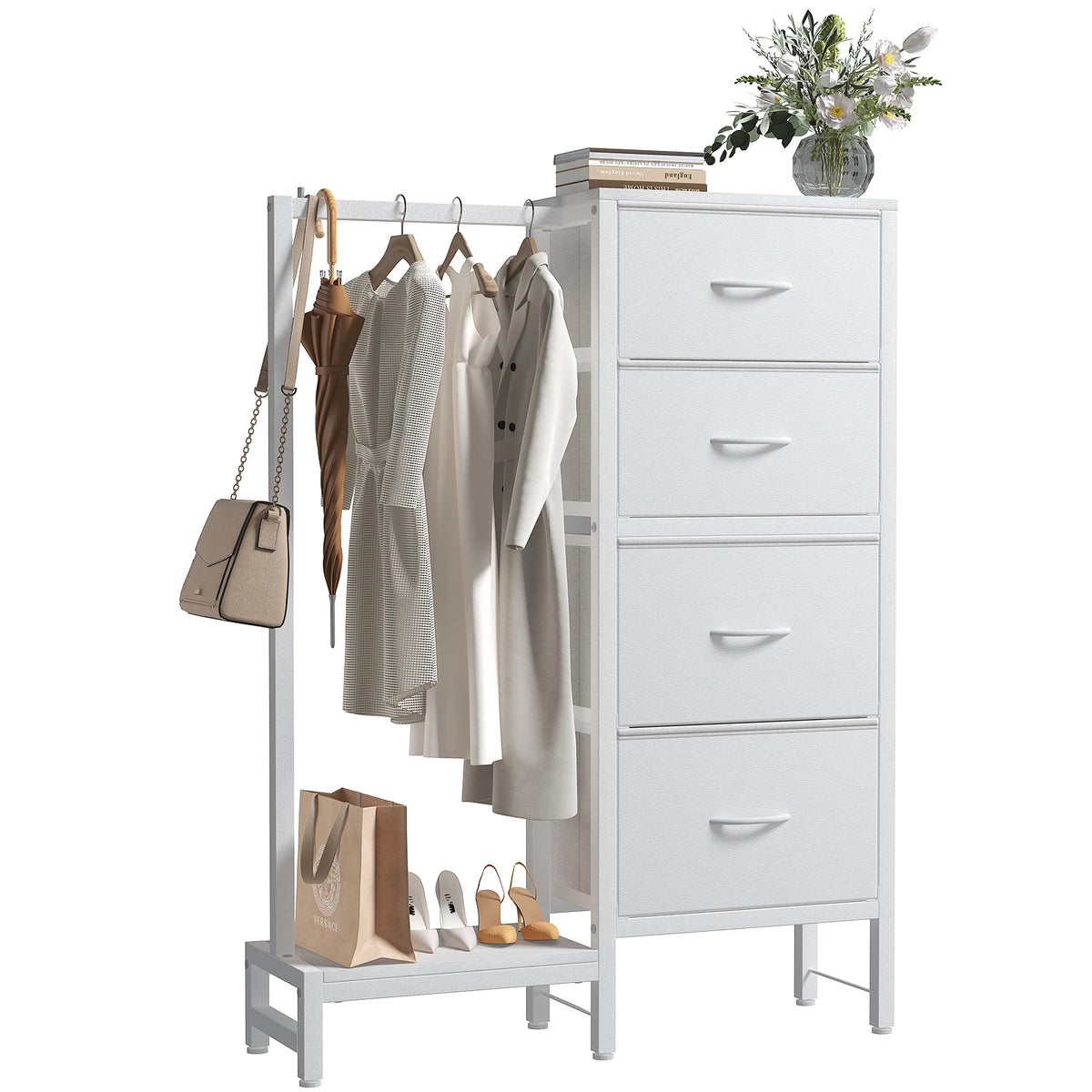 MCQ 4 Drawers Fabric Cabinet with Hanging Rack Living Room Beside Nightstand Dresser Tables with Clothes Rack Storage Closet Chest Clothes Display Of Furniture