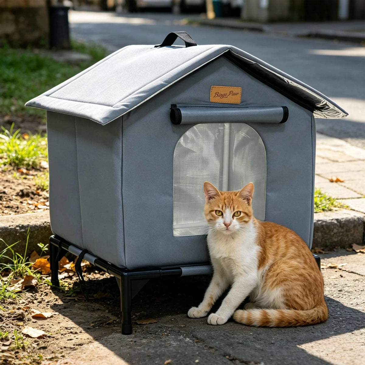 Outdoor Cat Shelter Elevated Insulated Feral Cat House Waterproof Cat Tent Pet House Oxford Fabric Aluminum Foil Coating for All Season