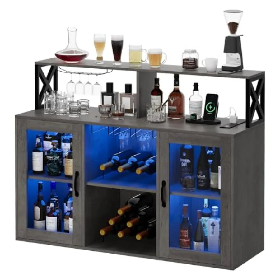 47" Wine Cabinet with LED Light, Home Coffee Cabinet with Wine Rack and Glass Holder, Coffee Bar Buffet Sideboard Storage with