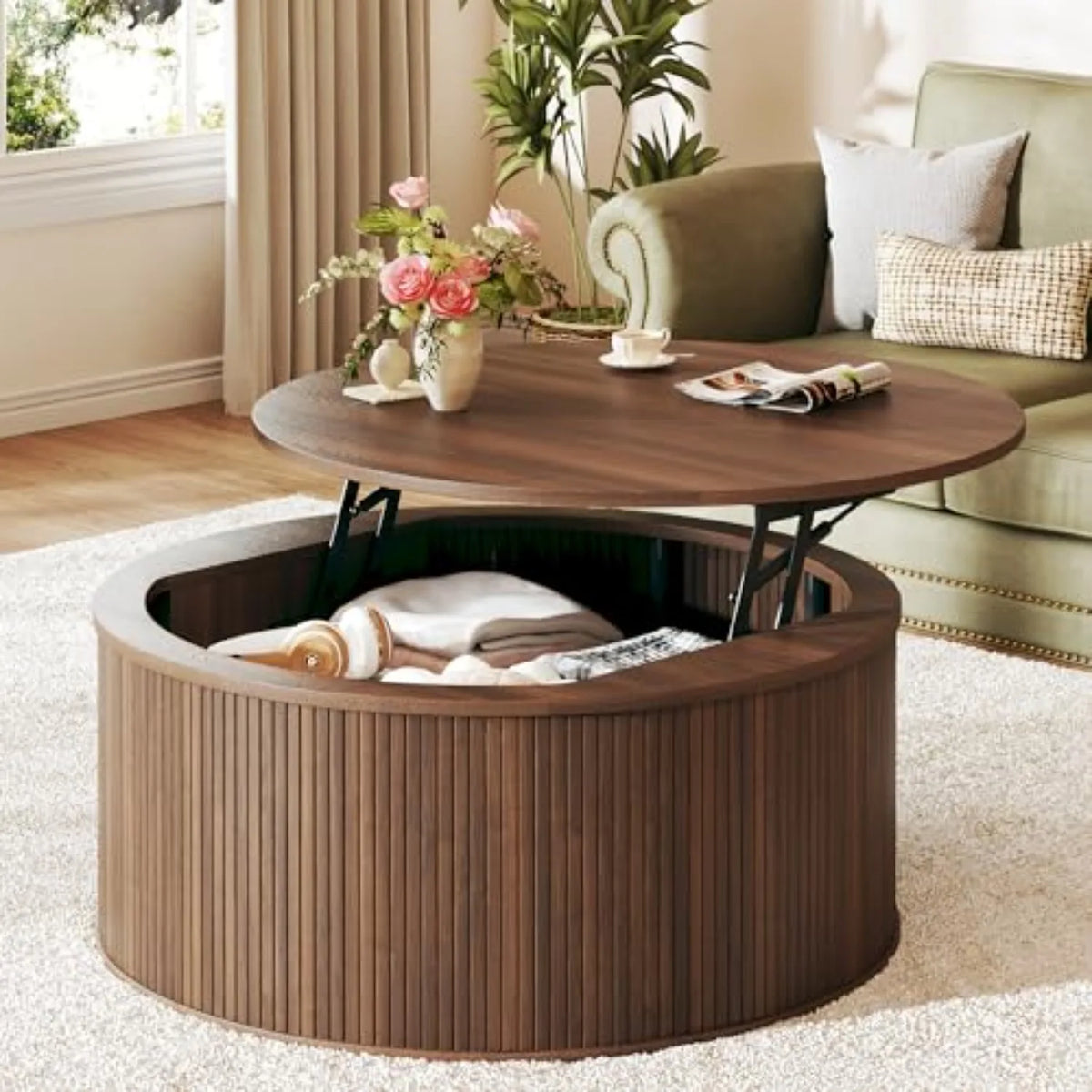 Coffee Table with Storage, 37.4" Lift Top Table for Living Room, Mid Century Modern Coffee Table with Sliding Fluted Doors