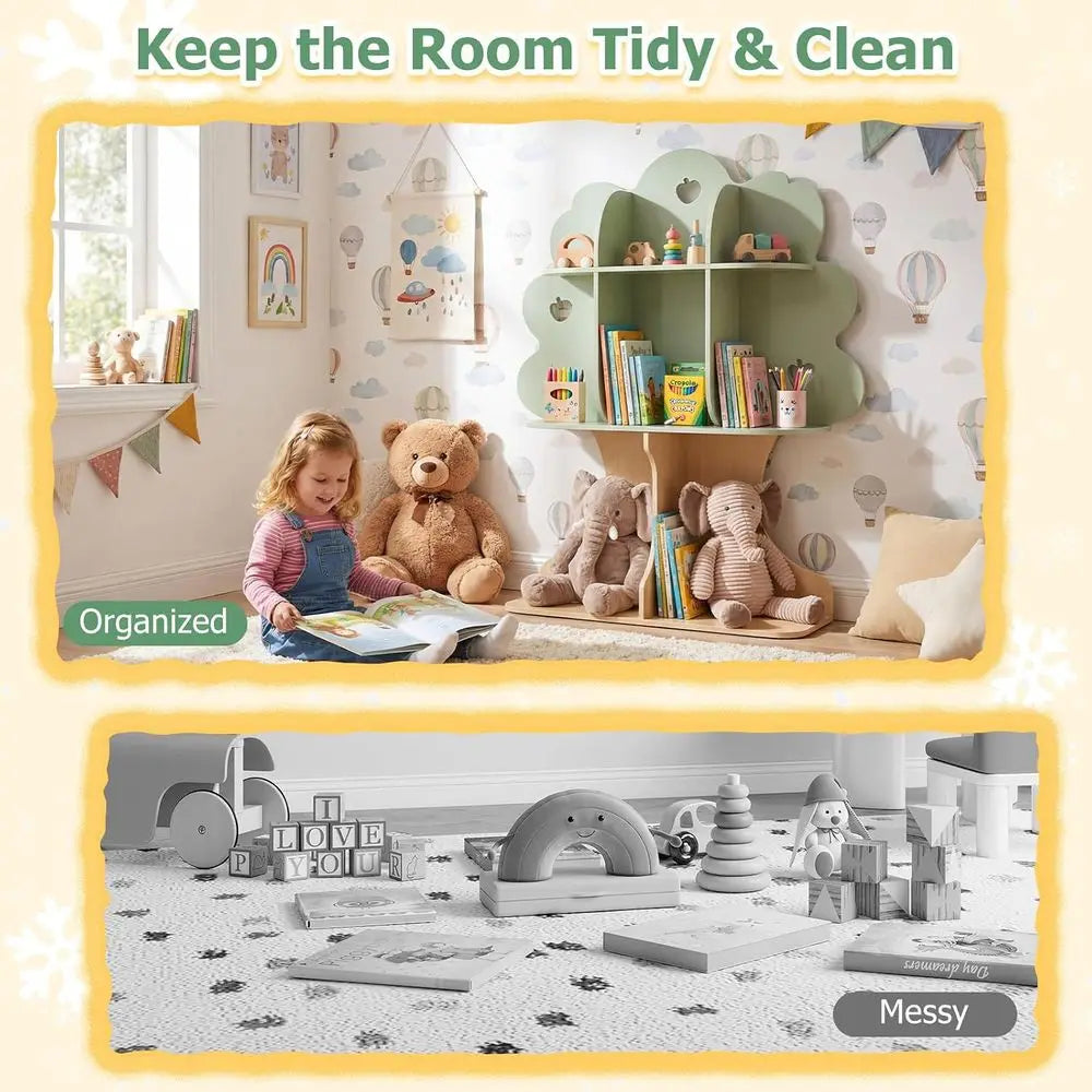 45" Kids Tree Bookshel, Toddler Bookcase w/Open Shelves, 3-Tier Toddler Montori Bookshel Toy Storage Organizer or Reading Nook,