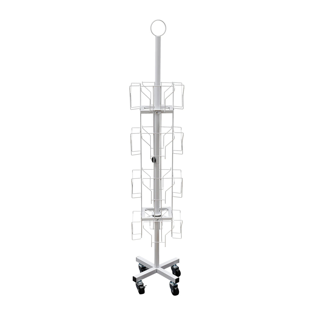 4-Tier 16 Pocket Rotating Greeting Card Rack, 360° Swivel Brochure Display Stand with 4 Wheels for Postcard Sticker Organizer, Floor Standing Metal Holder