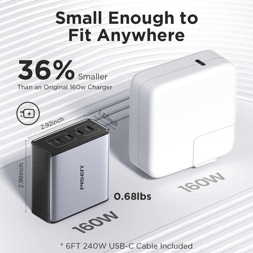 PISEN 160W GaN Charger 4 USB C Port & 1.8m Fast Charging Cable PD3.1 Quick Charger for MacBook Laptop Tablet iPhone Samsung iPad