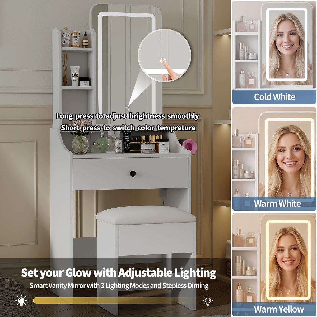MCQ Living Room Wood Cabinet With LED Mirror Small Makeup Vanity Desk Storage Display Nightstand Bedside Coffee Sofa Tea Table Cabinets For Furniture