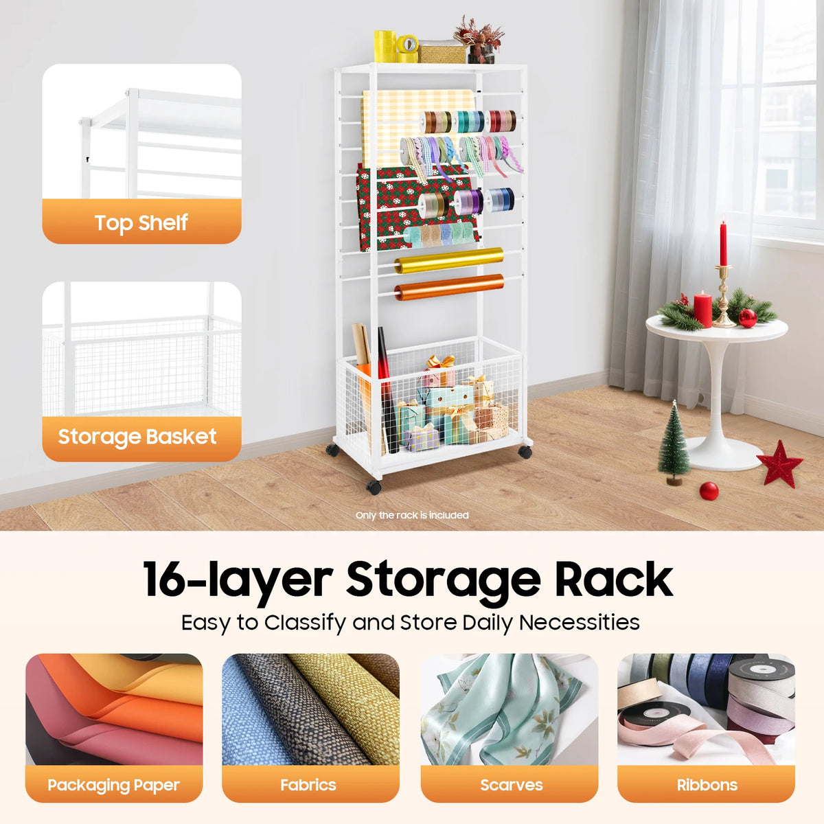 16 Tier Double-sided Ribbon Storage Rack, 67x32x150cm Baking Paint Iron Display Stand, Adjustable Crossbars Lockable Swivel Wheels Top Shelf Bottom Basket For Florist Wrapping Paper Organizing