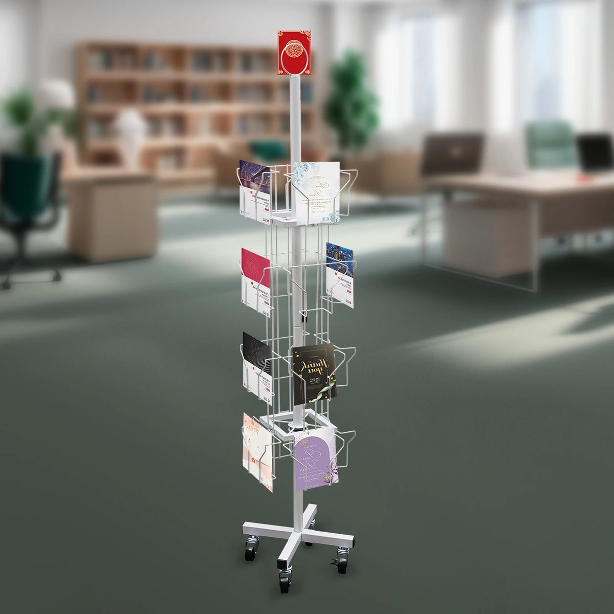 4-Tier 16 Pocket Rotating Greeting Card Rack, 360° Swivel Brochure Display Stand with 4 Wheels for Postcard Sticker Organizer, Floor Standing Metal Holder