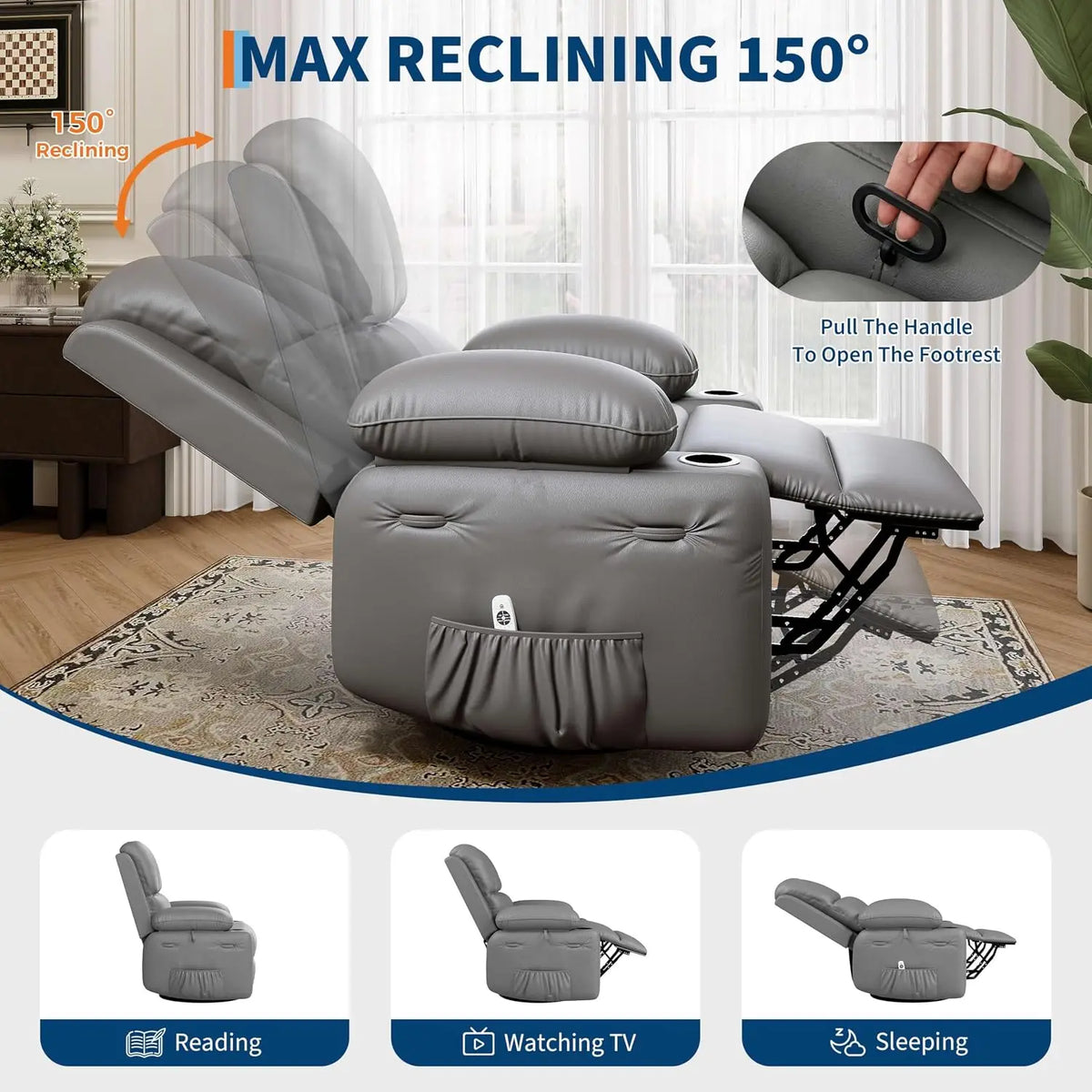 TACLEEKII Swivel Rocker Recliner Chair With Heat Massage Cup Holders