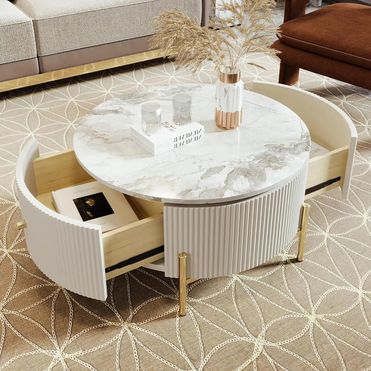 Modern Round Nesting Coffee Table with Marble Top, White & Gold Nesting Coffee Table Set of 2 Center Table with, Customized