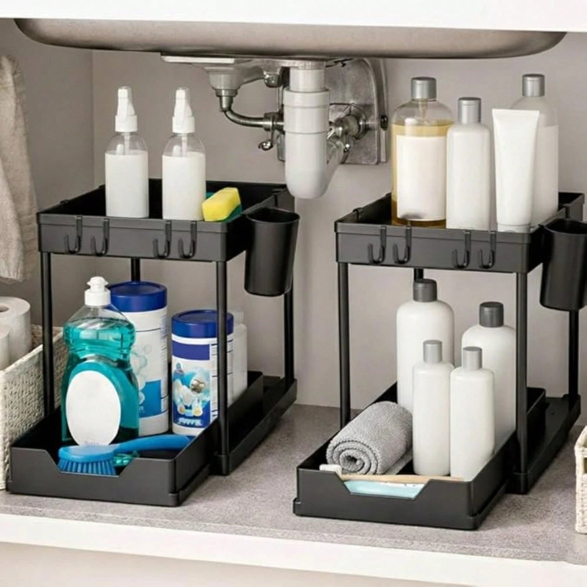 Under Sink Organizer 2 Pack/1 Pack, H-Shaped Pull Out Cabinet Storage, 2-Tier Slide Out Drawer Fits Around Pipes, Metal Rack for Kitchen Bathroom