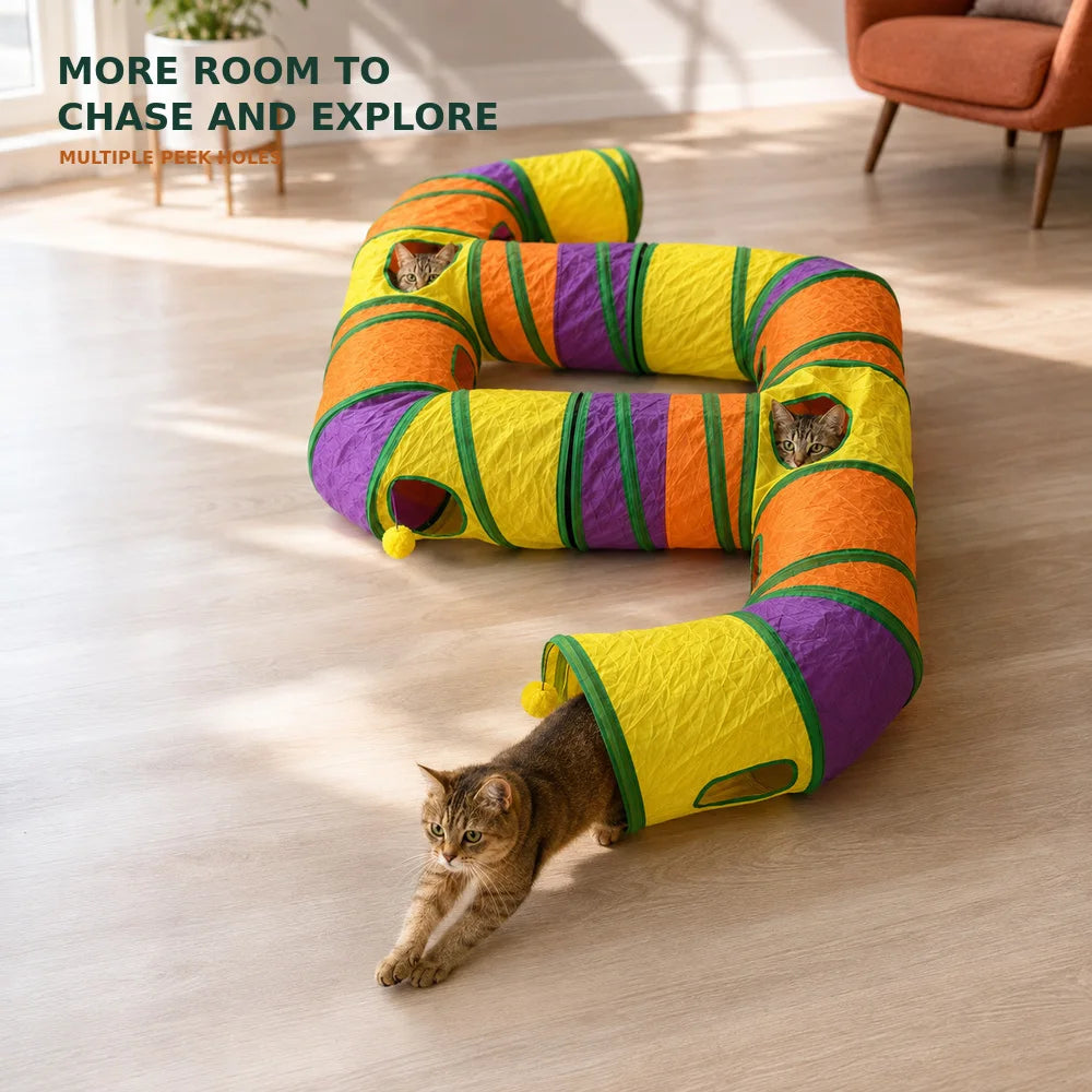 Zoe Extra Long Cat Tunnel Maze For Indoor Cats Double E Shaped Connectable Foldable Play Tunnel With Multiple Peek Holes Zipper Connection Two Hanging Pom Poms And Seven Interactive Toys For Kittens And Multi Cat Homes
