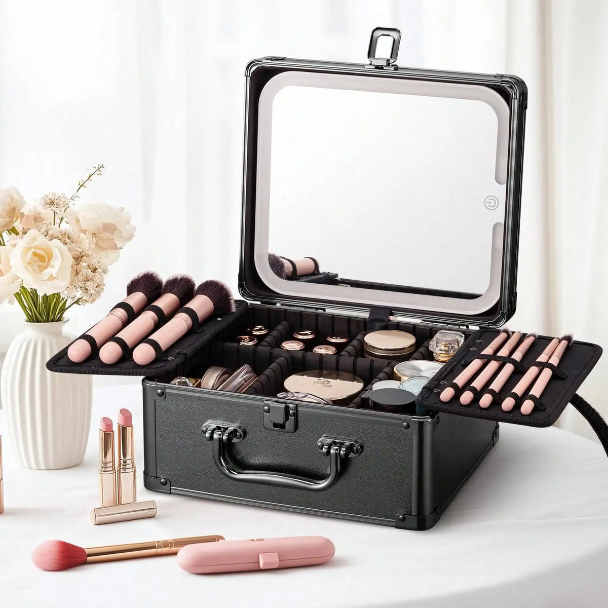 Professional Makeup Train Case with Rechargeable LED Mirror, Large Capacity Cosmetic Organizer with Adjustable Dividers, Travel Makeup Storage Box for Artist Salon Vanity