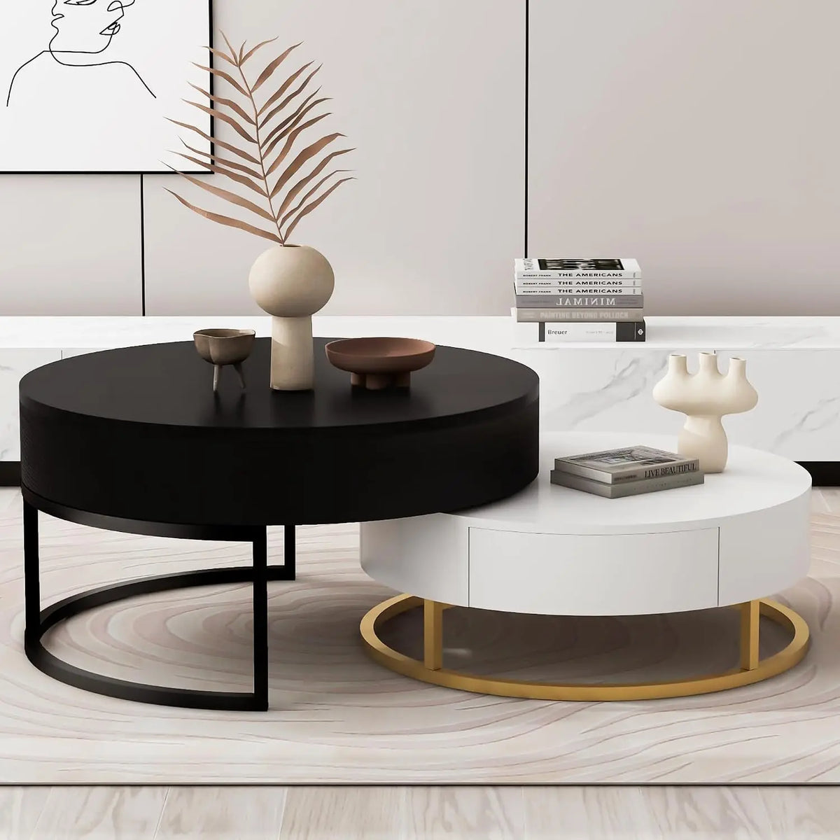 Modern Round Nesting Coffee Table with Marble Top, White & Gold Nesting Coffee Table Set of 2 Center Table with, Customized