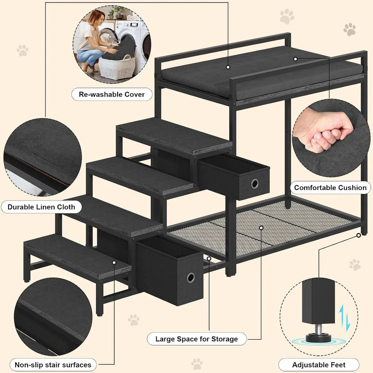 Pet Bunk Bed with 2 Drawers & Removable 4-Step Stairs, Dog/Cat Window Perch with Soft Cushion, Non-Slip Metal Frame, 60 LBS Capacity