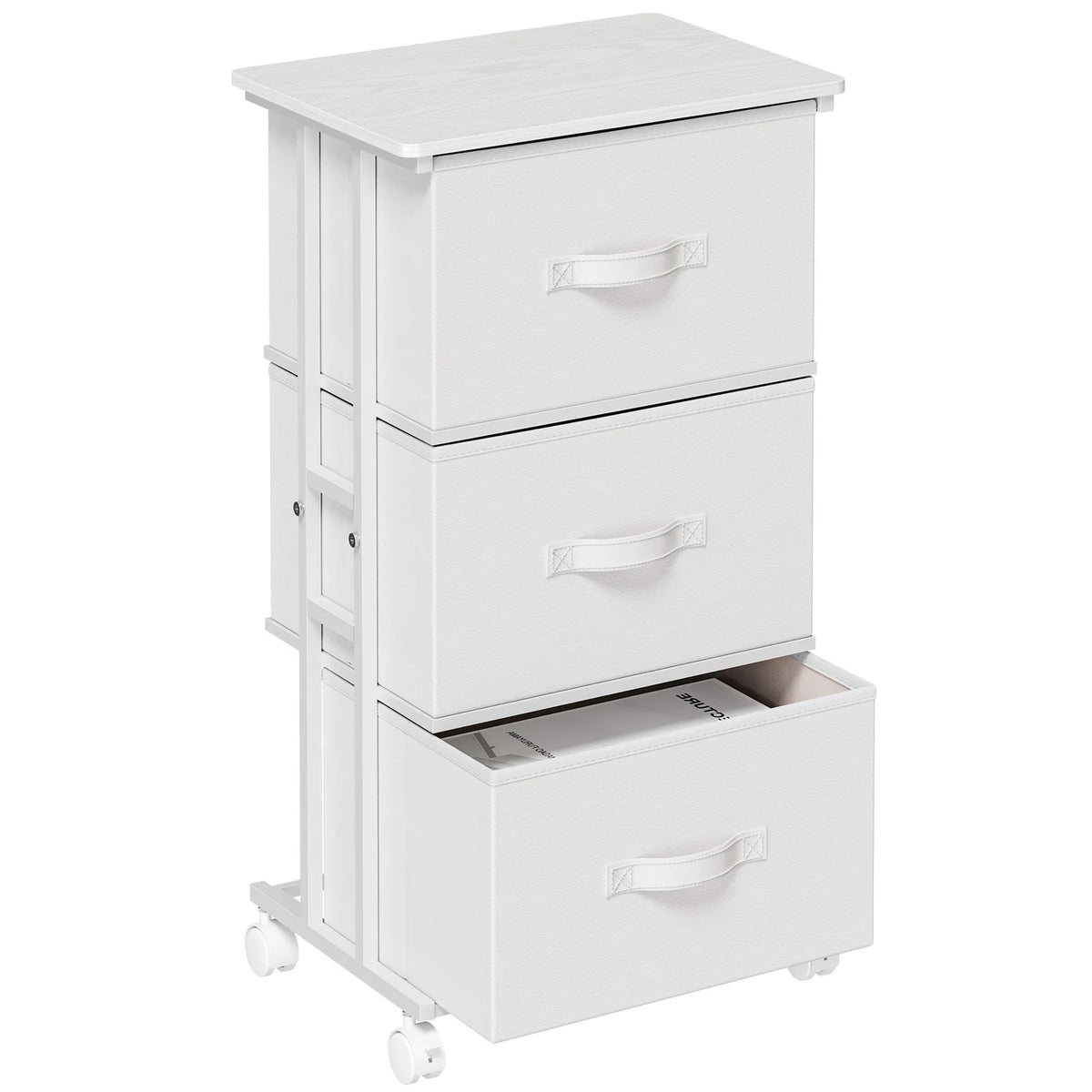MCQ Movable Roller Cabinet With 3 Foldable Fabric Drawers Wooden Top Dresser Tables With Steel Structure Display Of Furniture