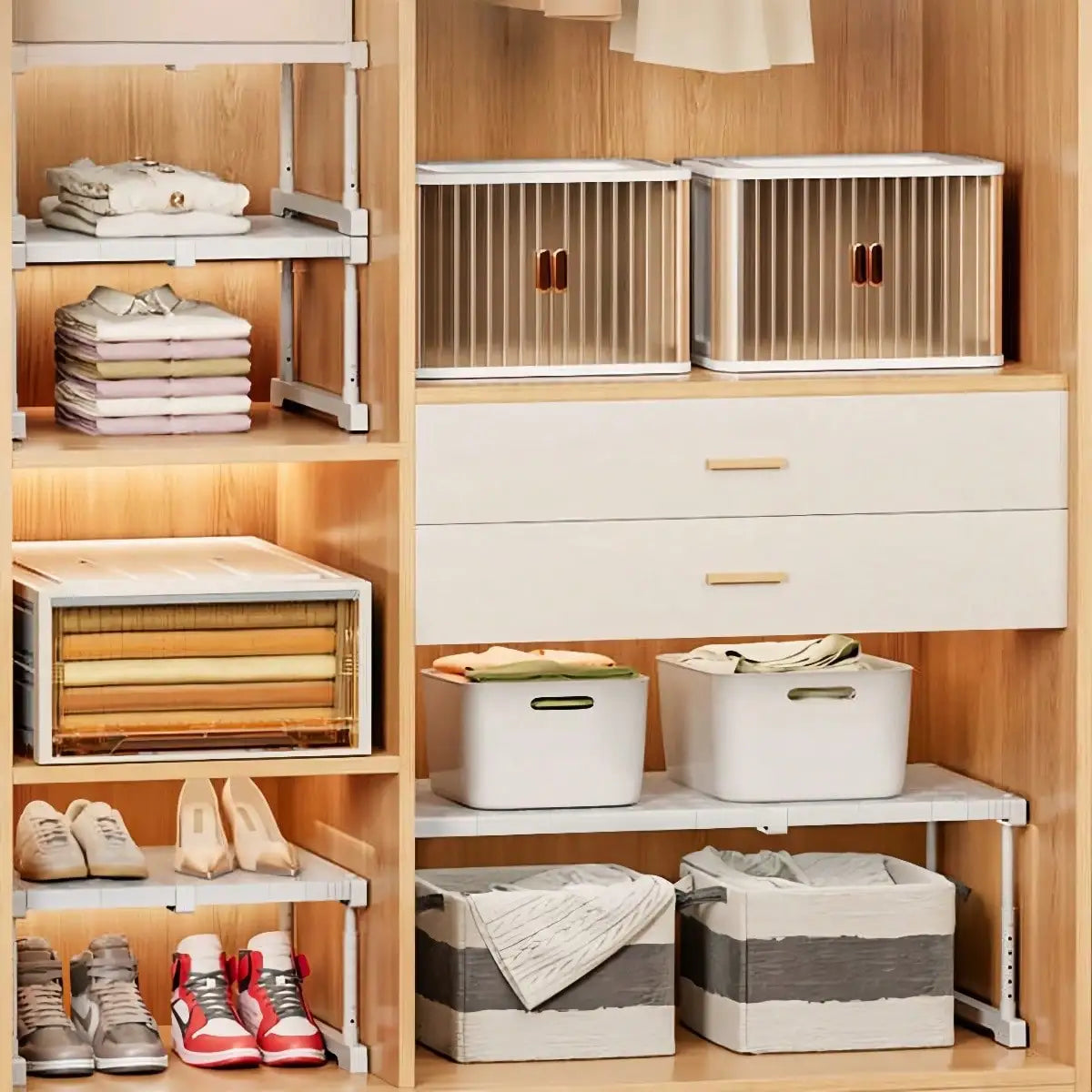 Expandable Closet Tension Shelf Modern White Metal Wardrobe Storage Rack Organizer Unit Height Adjustable DIY Cupboard Dividers Separators For Kitchen Bathroom Bedroom Cabinet Housewarming Gift