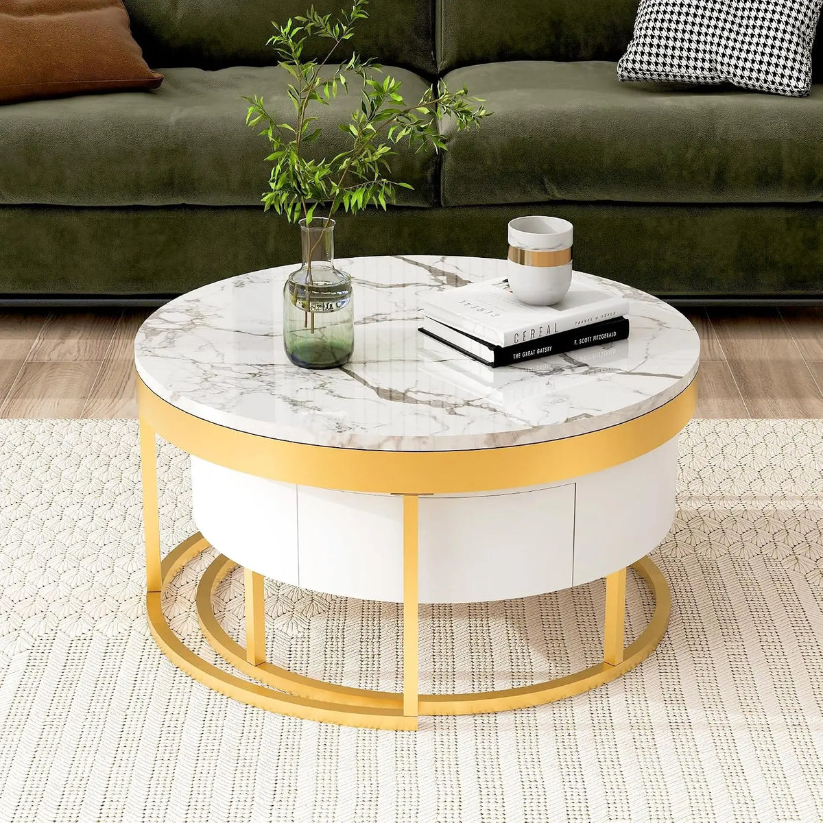Modern Round Nesting Coffee Table with Marble Top, White & Gold Nesting Coffee Table Set of 2 Center Table with, Customized