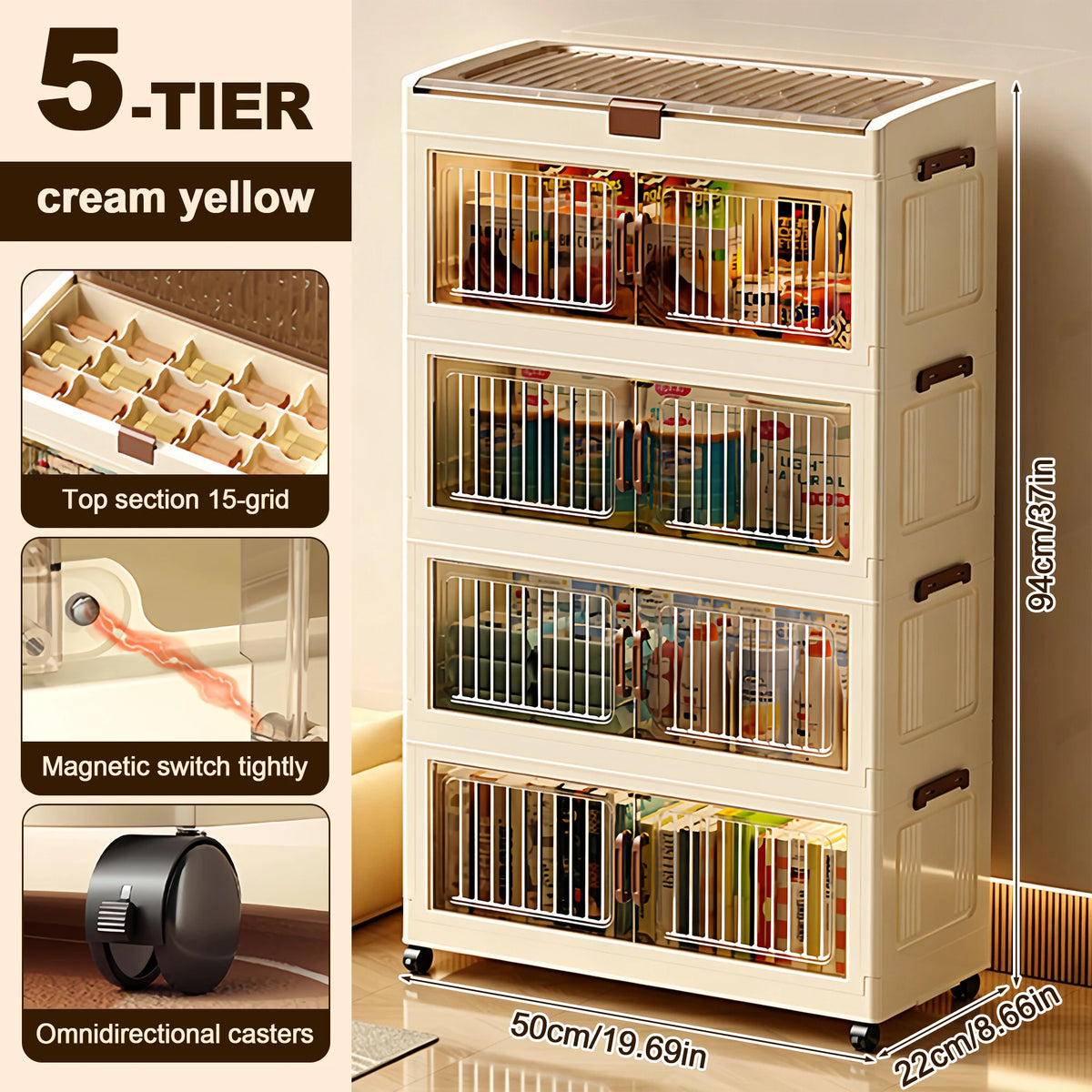 50cm Wide Foldable Storage Cabinet Home Cabinet With Wheels Magnetic Door Home Bedroom Kitchen Plastic Storage Cabinet