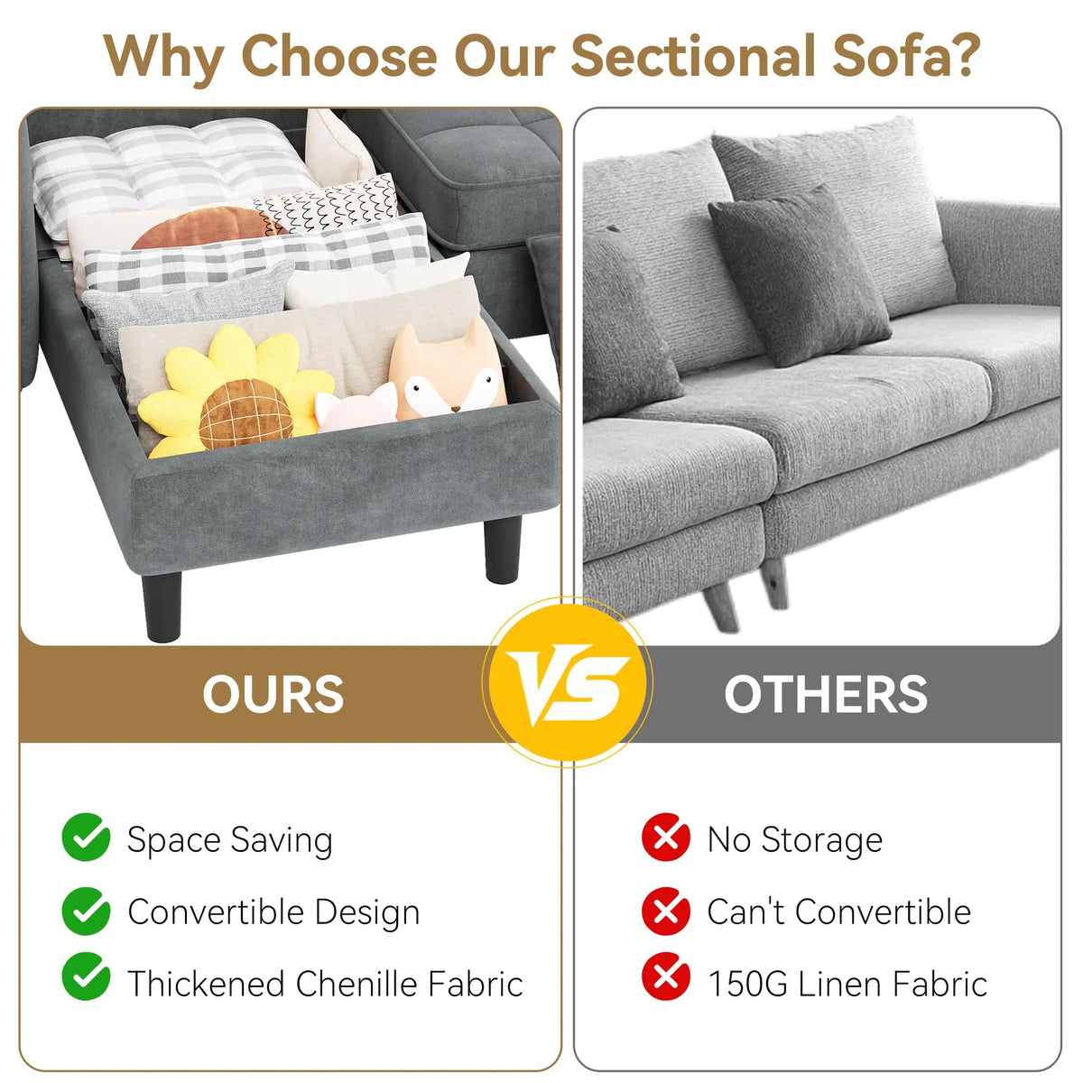 75.59 Inch Reversible L Shaped Sectional Sofa With Storage Ottoman, Chenille Couch For Small Spaces, Apartment Living Room Furniture Modern