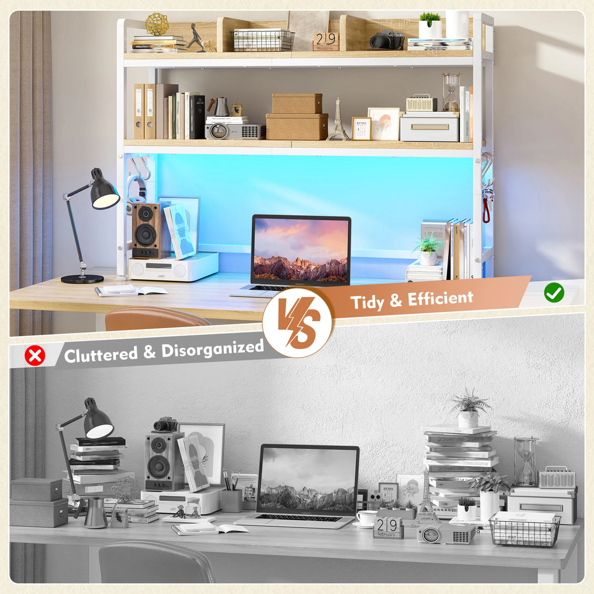 35.5" Desk Shelf With LED Lights And Hooks, 2-Tier Adjustable Multipurpose Solid Wood Desk Hutch Dorm, Desktop Organizer Rack With 3 Display Rack For Dorm, Office Home