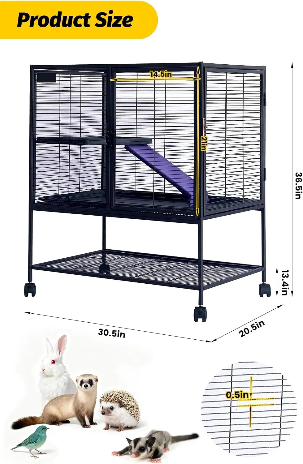 39" Multi-Level Metal Small Animal Cage – Large Ferret & Hamster Enclosure with Ramp, Storage Stand & Removable Tray for Chinchilla, Rabbit