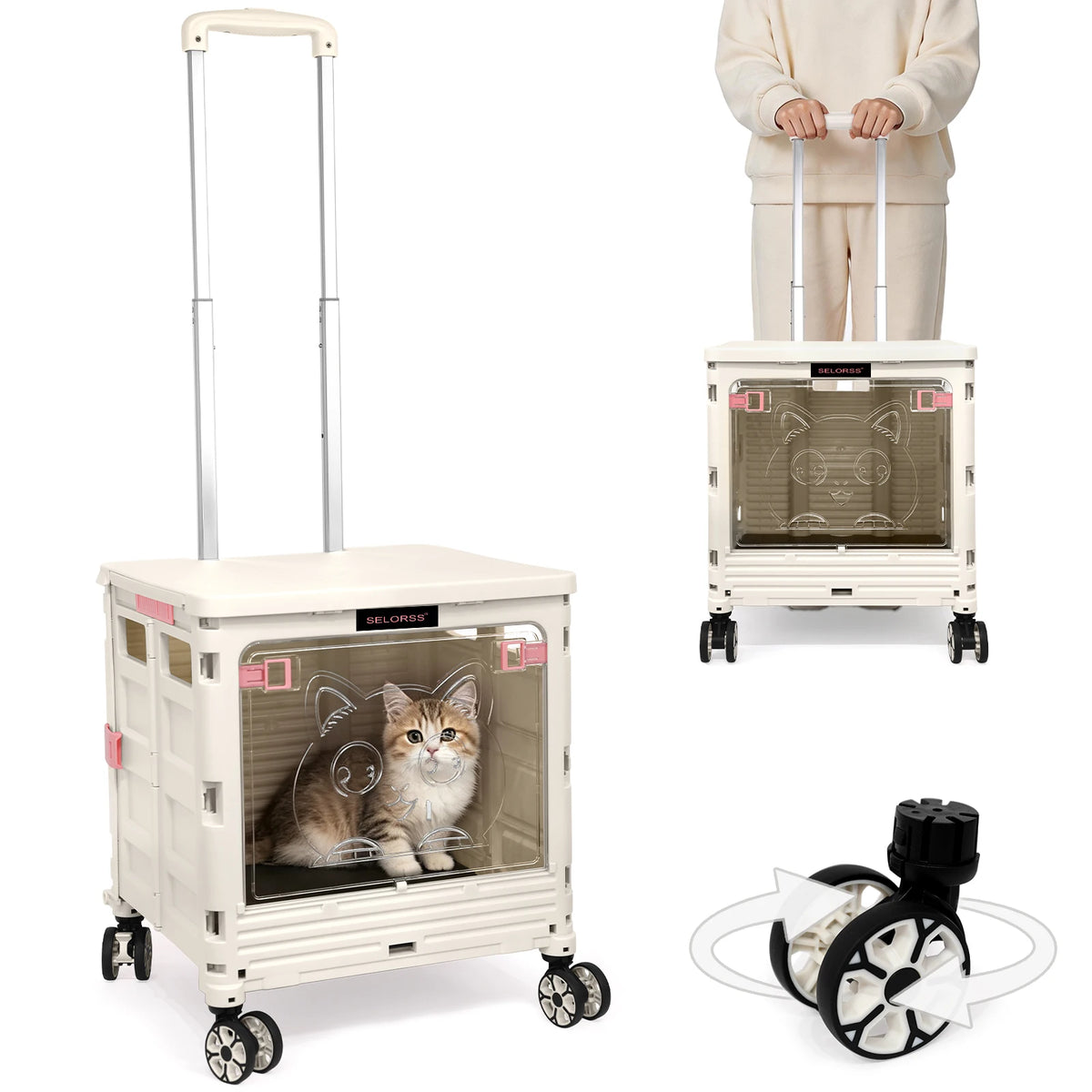 2-in-1 Foldable Shopping Cart & Rolling Pet Carrier, 55L Collapsible Utility Cart with Wheels, Pet Carrier with Telescopic Handle for Cats & Small Dogs, Portable Grocery Cart for Picnic, Travel