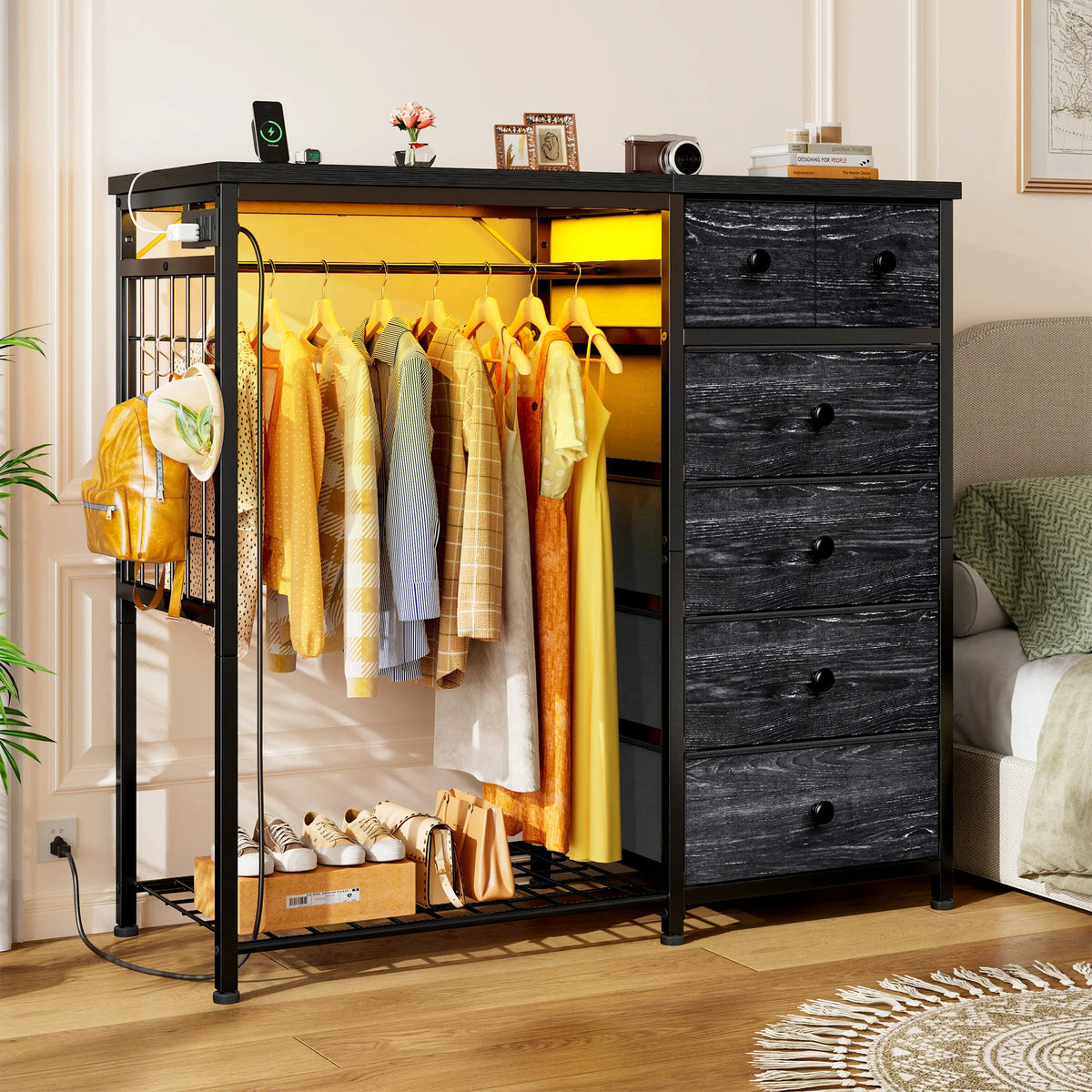 EnHomee 6-Drawer Fabric Dresser with Hanging Rack – 49.2"W, LED Lighting & Charging Station, Grid Panel plus 4 Hooks – For Bedroom or Entryway