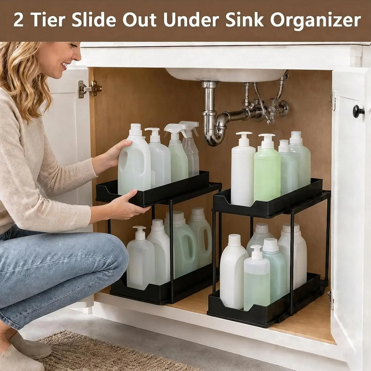 Under Sink Organizer 2 Pack/1 Pack, H-Shaped Pull Out Cabinet Storage, 2-Tier Slide Out Drawer Fits Around Pipes, Metal Rack for Kitchen Bathroom