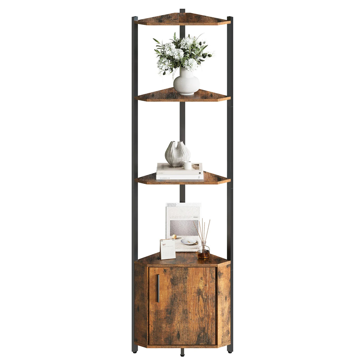 5 Tier Corner Shelf Stand with Metal Frame & Wood Shelves, Rustic Modern Tall Corner Organizer for Kitchen Bedroom, Display Rack