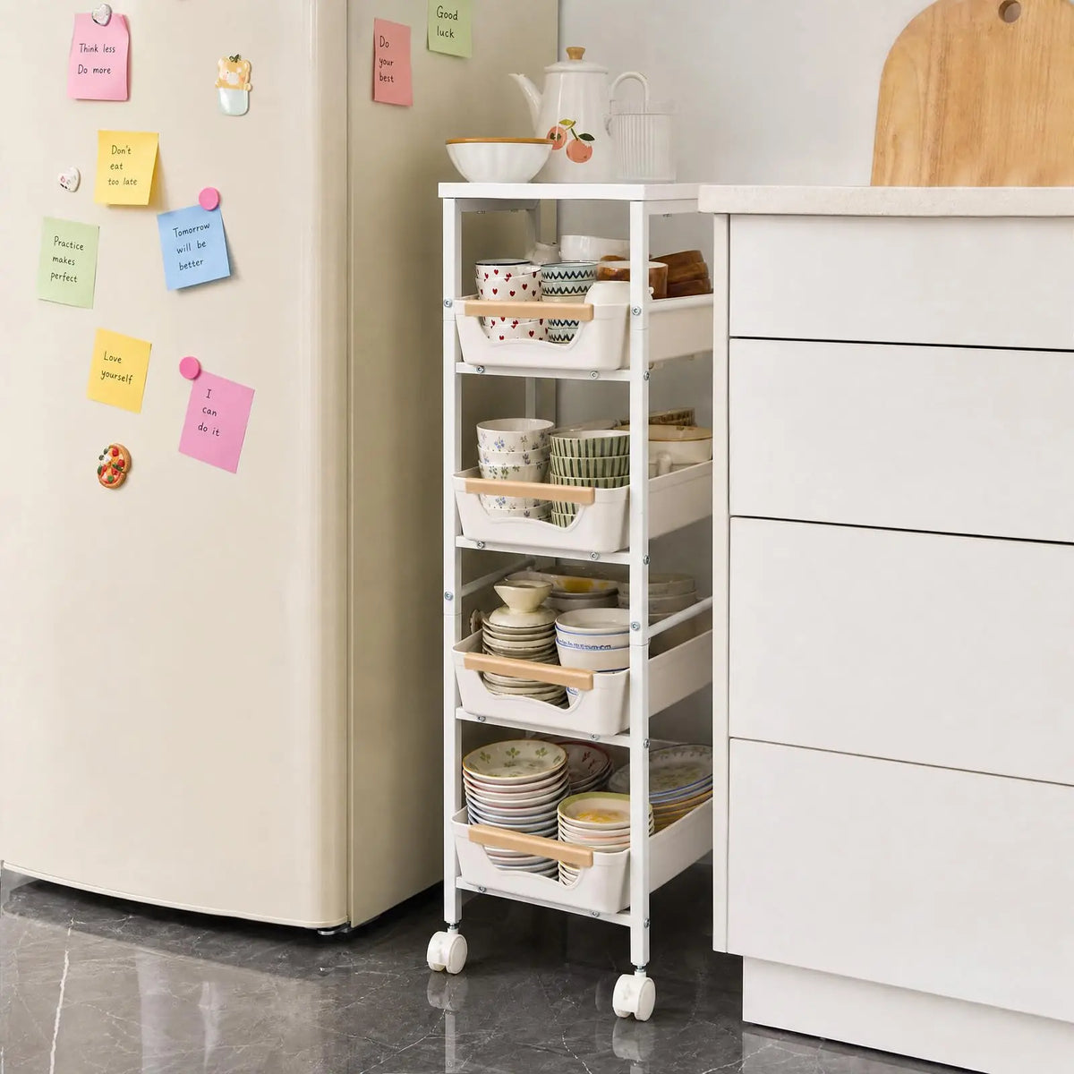 5 Tier Rolling Kitchen Cart With Pull Out Basket And Tabletop 20.5cm Storage Cart On Wheels Space Saving Organizer For Kitchen Living Room Pantry