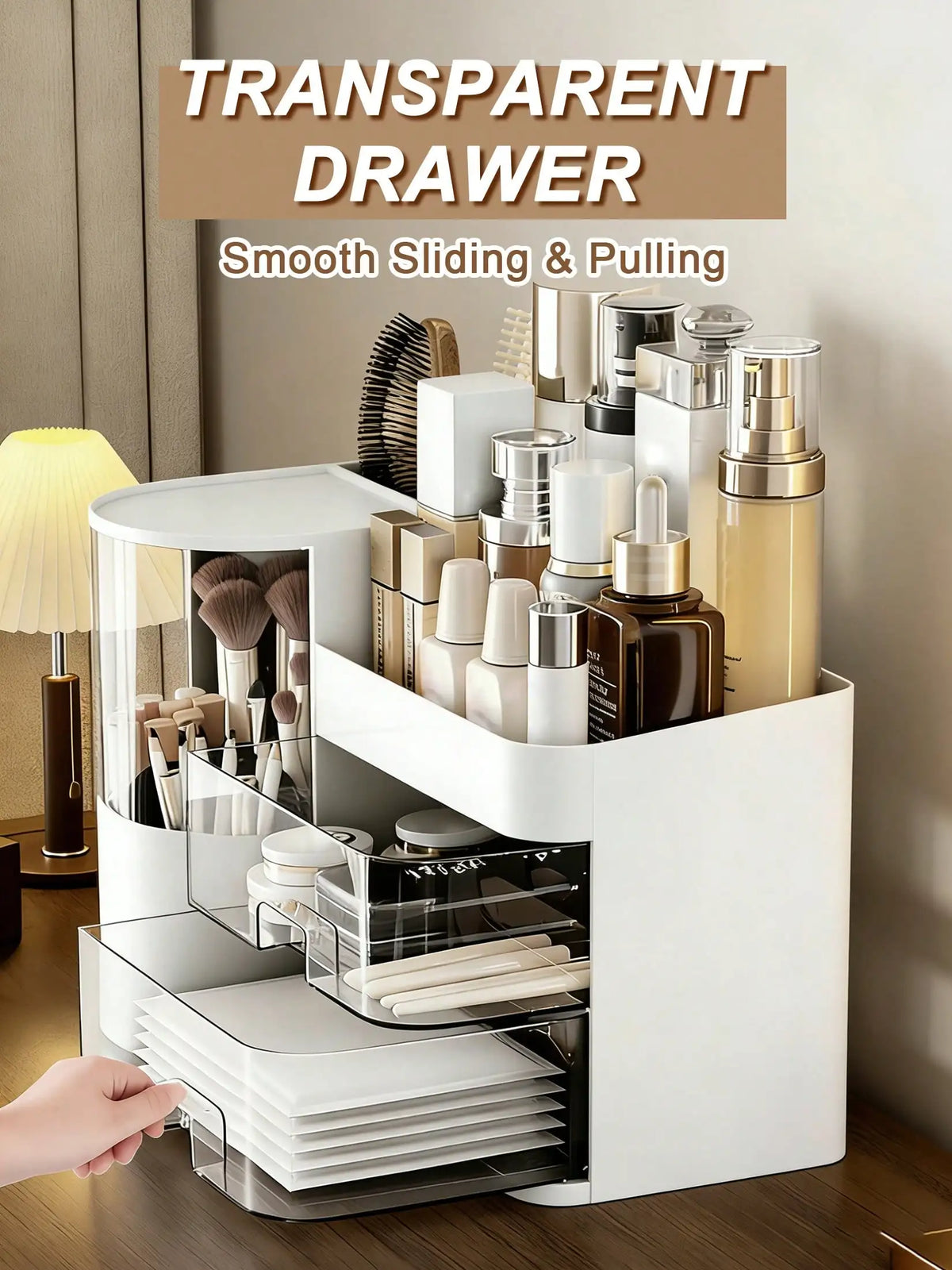 White Makeup Organizer for Vanity, Large Capacity Bathroom Countertop Cosmetic Storage Box with Drawers & Brush Holder, Skincare Organizer for Lipstick, Nail Polish & Eyeshadow