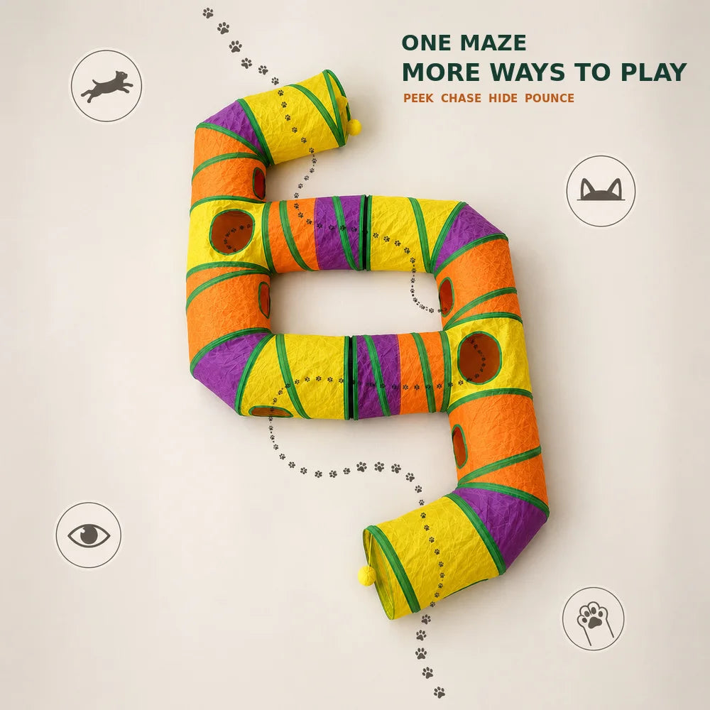 Zoe Extra Long Cat Tunnel Maze For Indoor Cats Double E Shaped Connectable Foldable Play Tunnel With Multiple Peek Holes Zipper Connection Two Hanging Pom Poms And Seven Interactive Toys For Kittens And Multi Cat Homes
